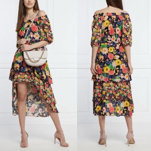 NWT‎ Desigual Multicolor Off-Shoulder Tiered Floral Hi-Lo Dress Size L - Picture 2 of 12
